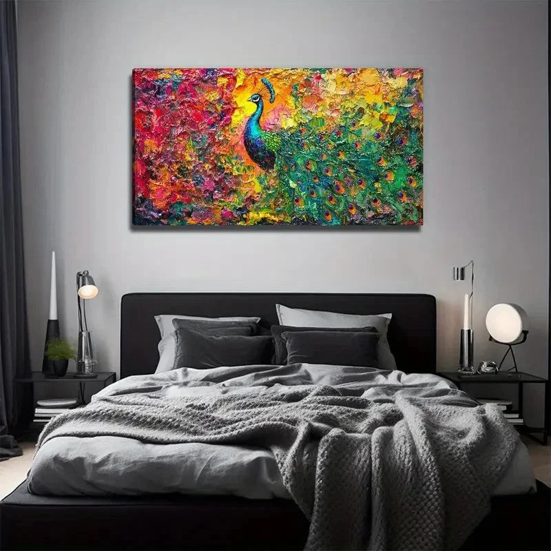 Vibrant Peacock Modern Bohemian Wall Art Canvas Office Home Room Framed 120x60cm