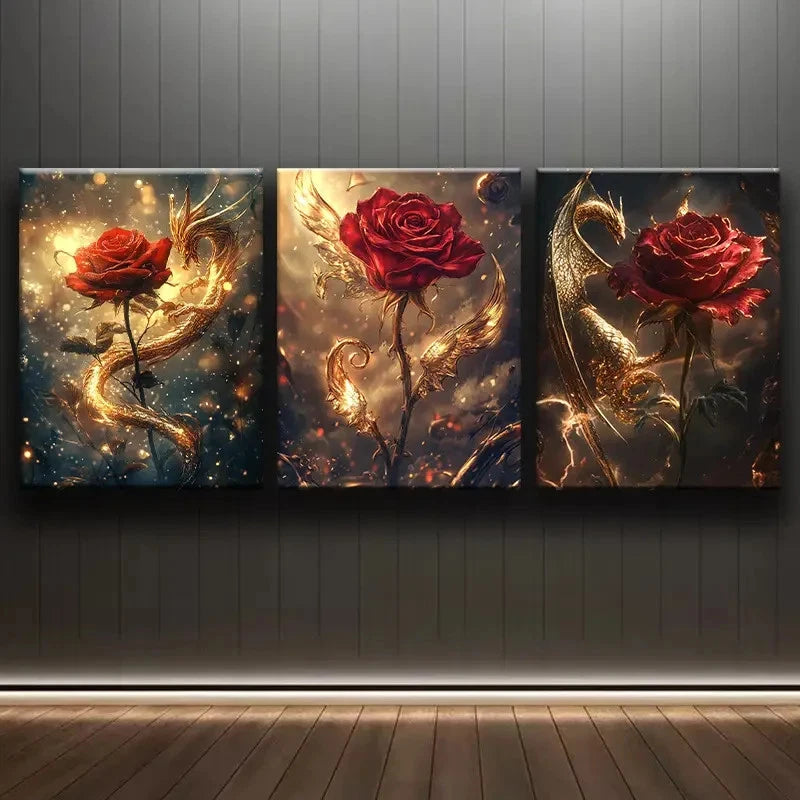 3pcs Mystical Golden Dragon & Red Rose Design Metal Print Ready to Hang Art