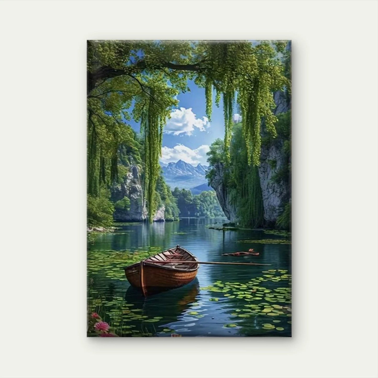 Serene Lake with Rowboat and Willows 60x90cm Metal Print Ready to Hang
