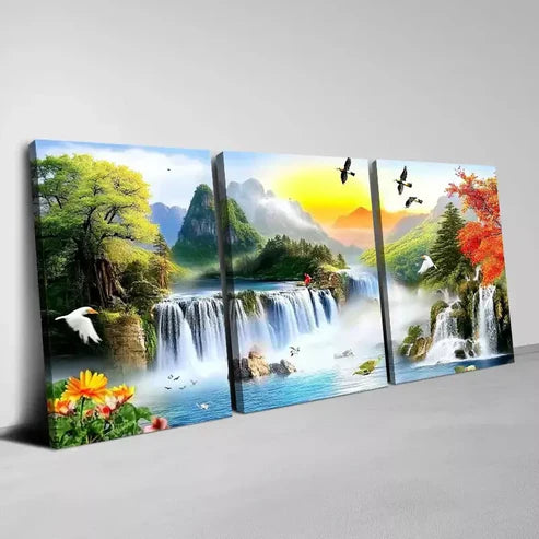 3pcs Peaceful Landscape with Waterfall Painting Wall Art Set Canvas Unframed - High Quality Print 100% Australian Made Wall Canvas