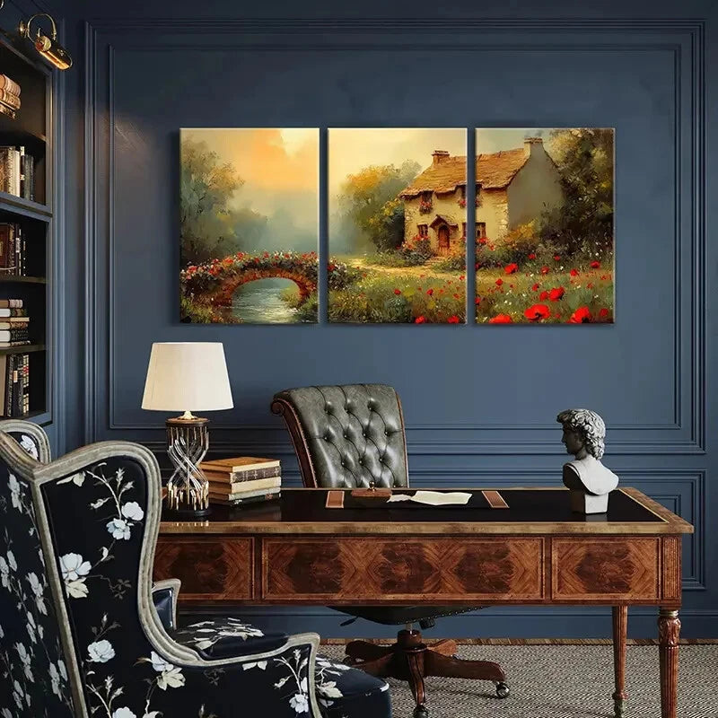 3pcs Rustic Cottage Bridge River Flowers Metal Print Ready to Hang Art - Bella Home Decor