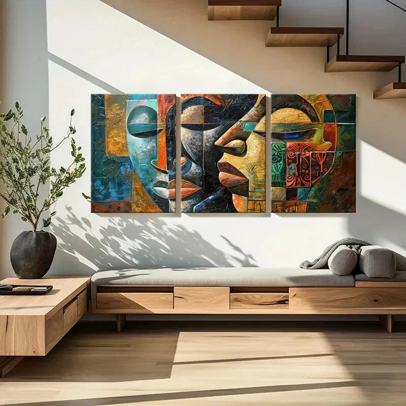 3pcs Abstract Faces Art Geometric Design Metal Print Ready to Hang Art - Bella Home Decor