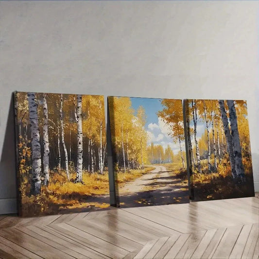 3pcs Birch forest in autumn Painting Wall Art Set Canvas Framed 50x70cm - High Quality Print 100% Australian Made Wall Canvas Ready to Hang