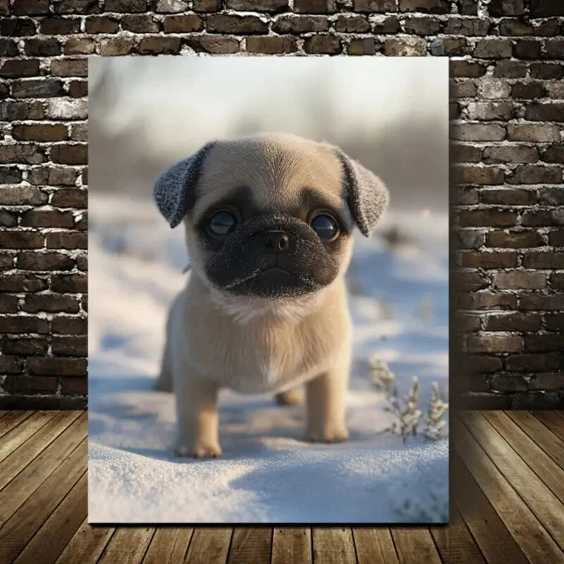 Beautiful Cute Pug Puppy In Snow Painting 40x60cm Metal Print Ready to Hang - Bella Home Decor