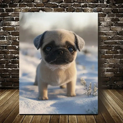 Beautiful Cute Pug Puppy In Snow Painting 40x60cm Metal Print Ready to Hang - Bella Home Decor