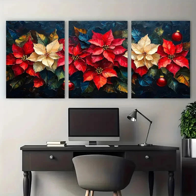 3pcs Poinsettia Florals Impasto Illustration Metal Print Ready to Hang Art - Bella Home Decor