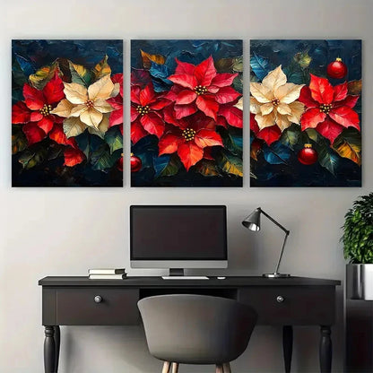 3pcs Poinsettia Florals Impasto Illustration Metal Print Ready to Hang Art - Bella Home Decor