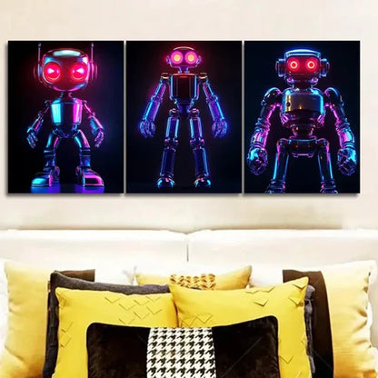 3pcs Modern Neon Robot Design Wall Art Canvas Unframed - High Quality Print 100% Australian Made Wall Canvas