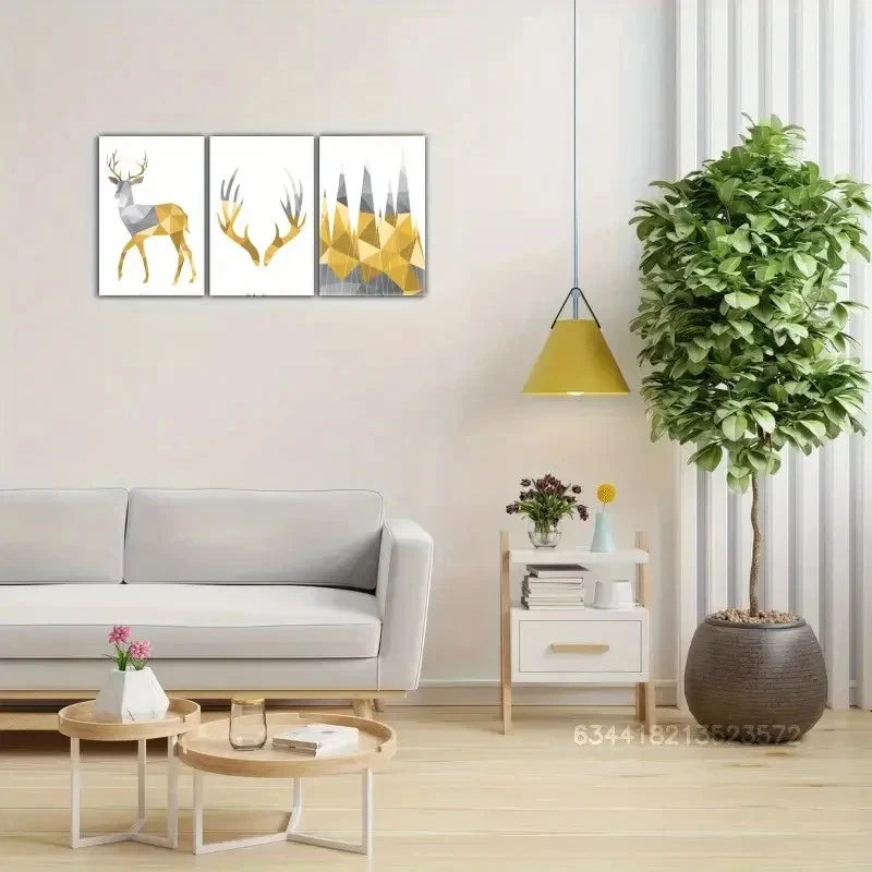 3pcs Geometric Wall Art Yellow And Grey Art Print Metal Print Ready to Hang Art - Bella Home Decor