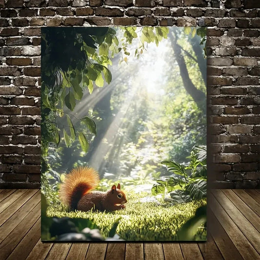 Enchanting Squirrel in Jungle Sunlight Painting 40x60cm Metal Print Ready to Hang - Bella Home Decor