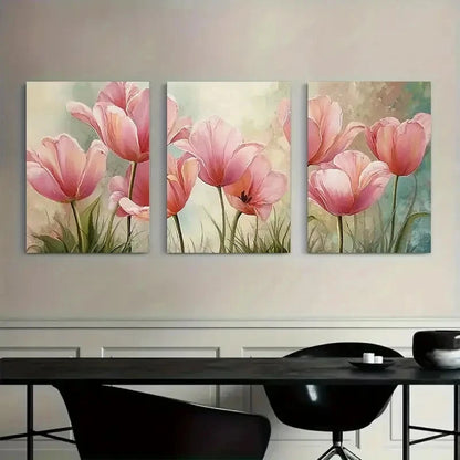 3pcs Painting of Pink Tulips Pastels Metal Print Ready to Hang Art - Bella Home Decor