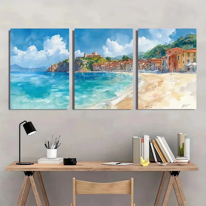 3pcs Italian Landscape Watercolor Coastal Town Metal Print Ready to Hang Art - Bella Home Decor