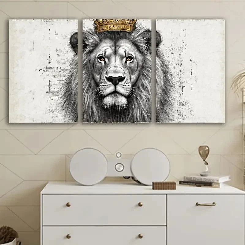 3pcs Modern Lion With A Throne Abstract Wall Art Set Canvas Framed 50x70cm - High Quality Print 100% Australian Made Wall Canvas Ready to Hang