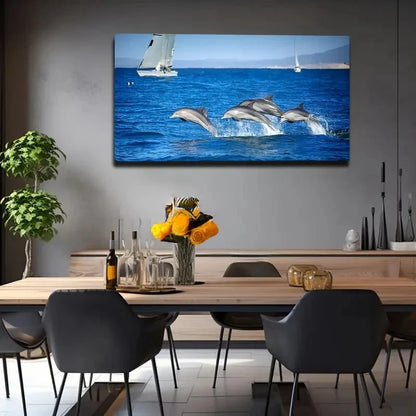 Dolphins Leaping In Ocean Wall Art Canvas Office Home Room Framed 120x60cm