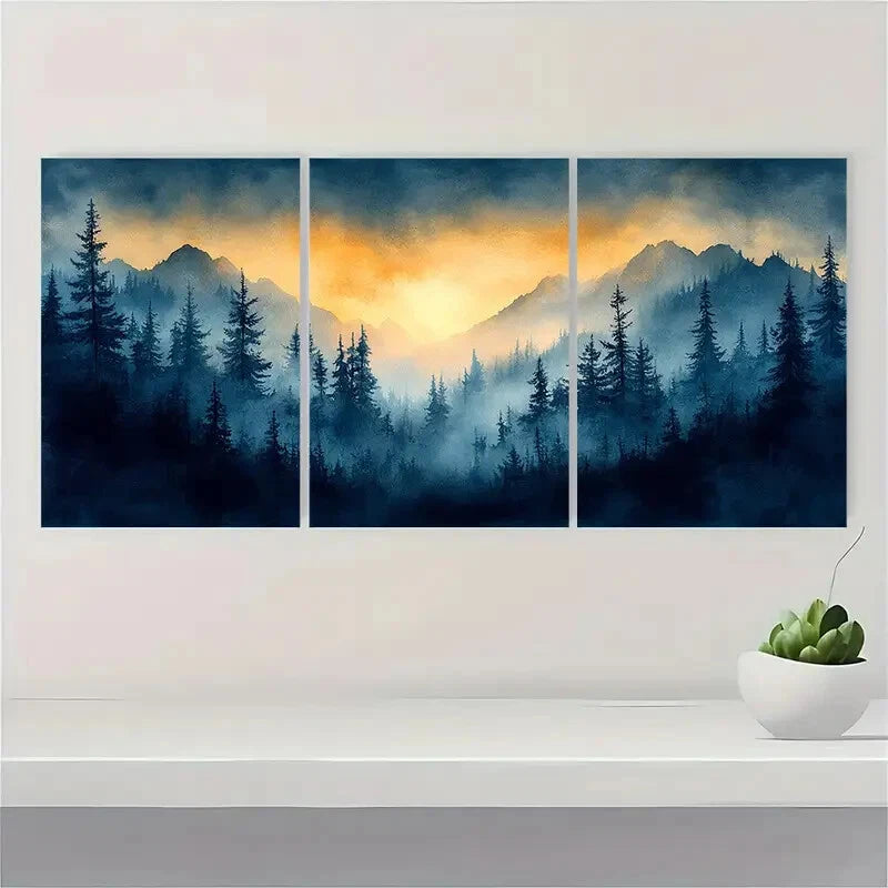 3pcs Vermont Landscape Foggy Forest with Golden Metal Print Ready to Hang Art - Bella Home Decor