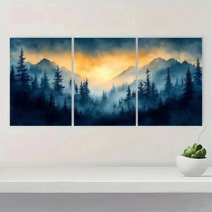 3pcs Vermont Landscape Foggy Forest with Golden Metal Print Ready to Hang Art - Bella Home Decor