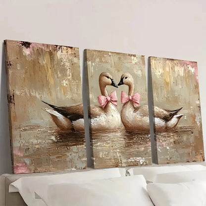 3pcs Romantic Couple Geese with Pink Bows G    Wall Art Set Canvas Framed 50x70cm - High Quality Print 100% Australian Made Wall Canvas Ready to Hang