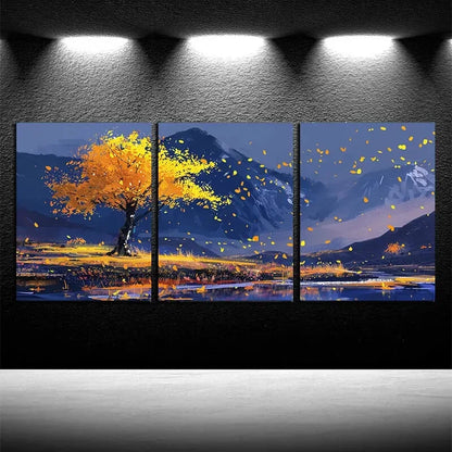 3pcs Beautiful Autumn Tree with Mountain View Metal Print Ready to Hang Art