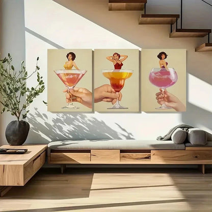 3pcs Cute Cocktail Woman Art Metal Print Ready to Hang Art - Bella Home Decor