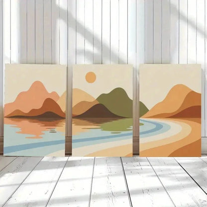 3pcs Mountains Lake Sun Landscape Painting Metal Print Ready to Hang Art