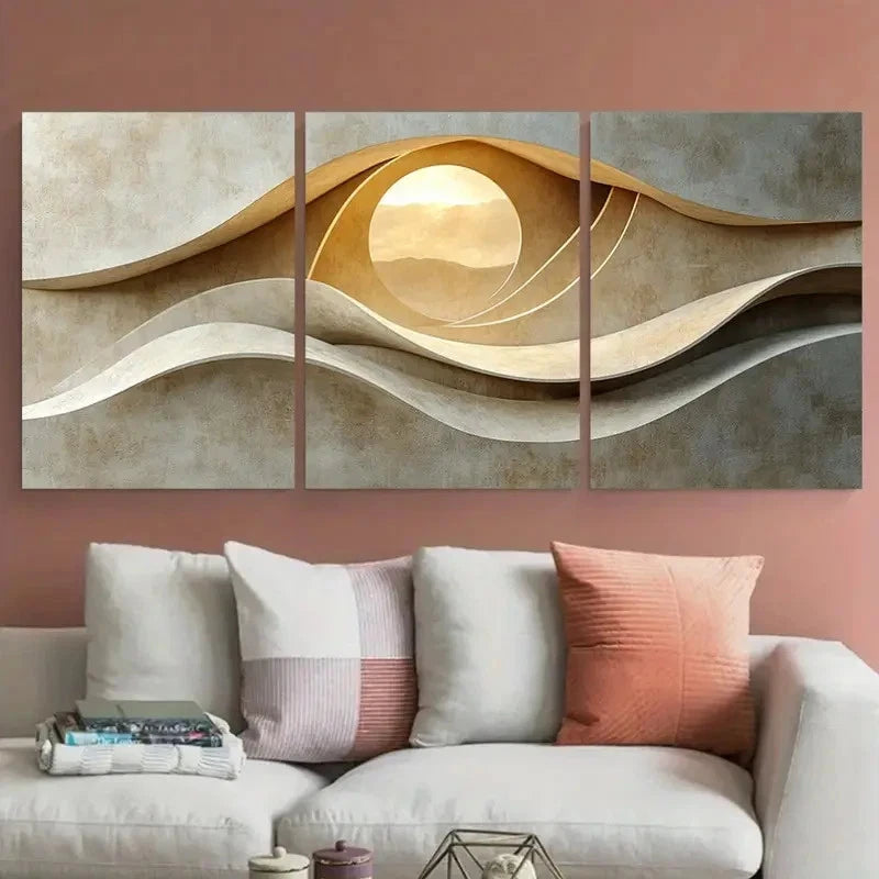 3pcs Light Beige Minimalist Soft Shapes Metal Print Ready to Hang Art