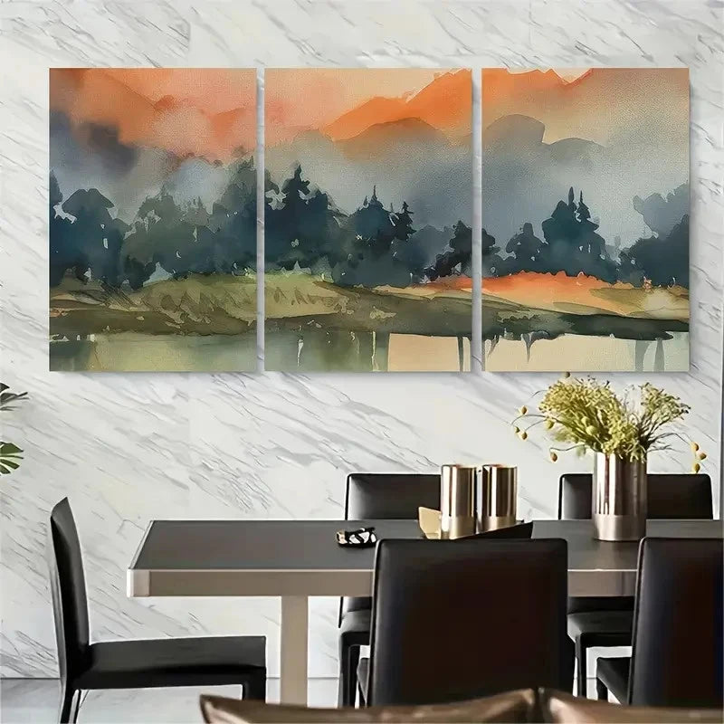 3pcs Watercolor Landscape, Forest Mountains Metal Print Ready to Hang Art