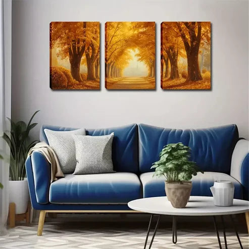 3pcs Deep Yellow Woods, Romantic Roads Wall Art Canvas Unframed - High Quality Print 100% Australian Made Wall Canvas - Bella Home Decor