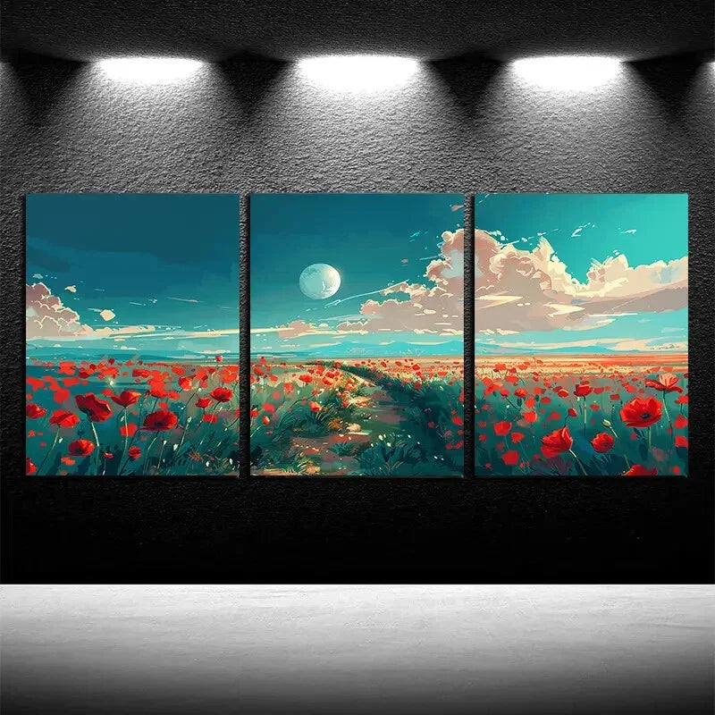 3pcs Vibrant Floral Fields and Moonlit Sky Metal Print Ready to Hang Art - Bella Home Decor
