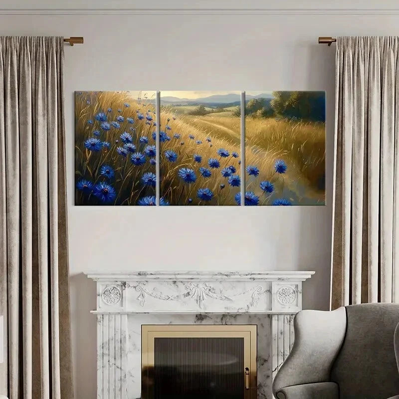 3pcs Blue Cornflower & Golden Wheat Field Metal Print Ready to Hang Art - Bella Home Decor