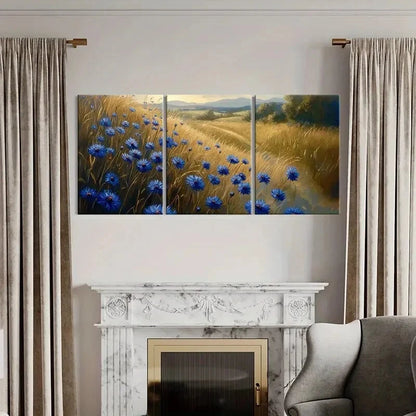 3pcs Blue Cornflower & Golden Wheat Field Metal Print Ready to Hang Art - Bella Home Decor