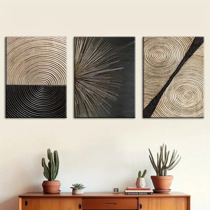 3pcs Black Beige & White Swirling Patterns Metal Print Ready to Hang Art - Bella Home Decor