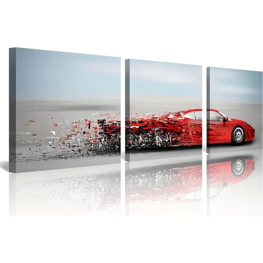 3pcs Red Sports Car Modern Motion Blur Wall Art Set Canvas Framed 40x60cm - High Quality Print 100% Australian Made Wall Canvas Ready to Hang