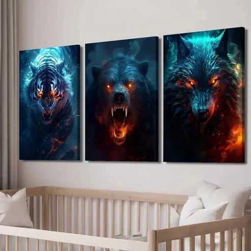 3pcs Angry Tiger Wolf Bear Animal Wall Art Set Canvas Wall Art Canvas Unframed - High Quality Print 100% Australian Made Wall Canvas - Bella Home Decor