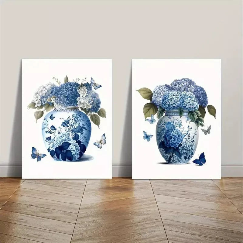 2pcs Blue Hydrangea Flowers and Navy Ginger Jar Blue Canvas Framed 50x75cm - High Quality Print 100% Australian Made Wall Canvas Ready to Hang - Bella Home Decor