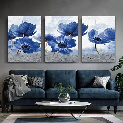 3pcs Blue Flowers Posters Abstract Flower Canvas Framed 60x90 cm - High Quality Print 100% Australian Made Wall Canvas Ready to Hang - Bella Home Decor