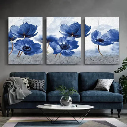 3pcs Blue Flowers Posters Abstract Flower Canvas Framed 60x90 cm - High Quality Print 100% Australian Made Wall Canvas Ready to Hang - Bella Home Decor