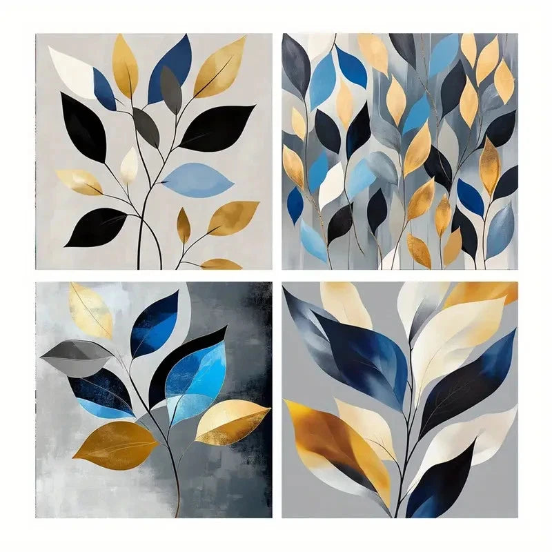 4pcs Leaf Design In Blue, Golden, And Black Wall Art Canvas Framed