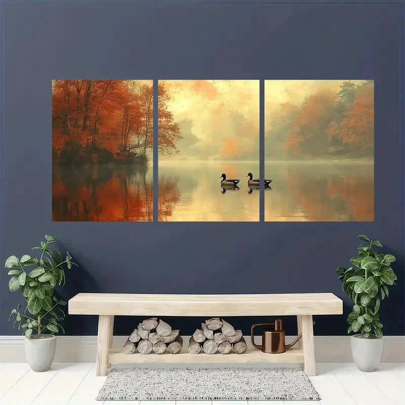 3pcs Abstract Lakeside Landscape with Ducks Metal Print Ready to Hang Art - Bella Home Decor