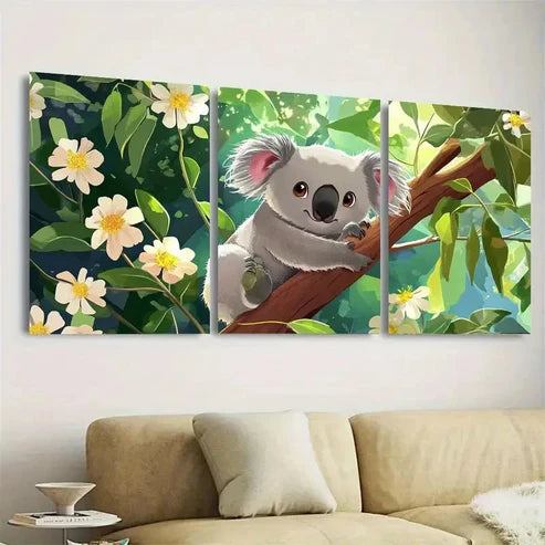 3pcs Cute Koala Bear in Tree with Flowers Wall Art Set Canvas Unframed - High Quality Print 100% Australian Made Wall Canvas - Bella Home Decor