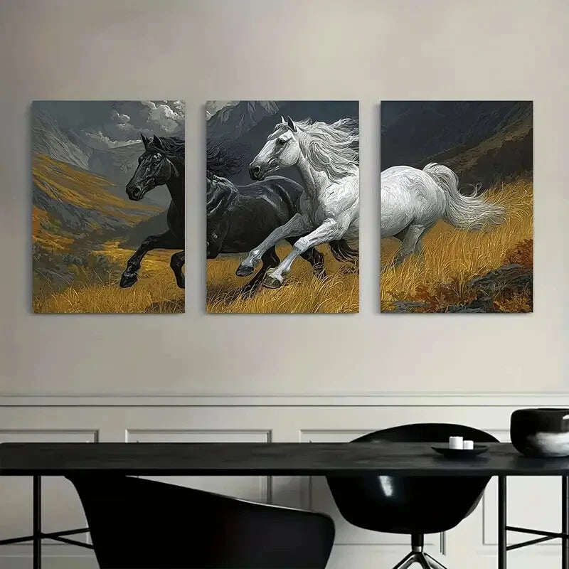 3pcs Galloping Black & White Horses in Valley Metal Print Ready to Hang Art - Bella Home Decor