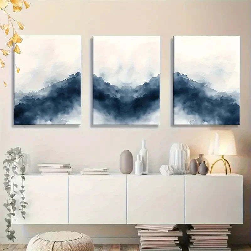 3pcs Blue and White Abstract Zen Scenery Metal Print Ready to Hang Art - Bella Home Decor
