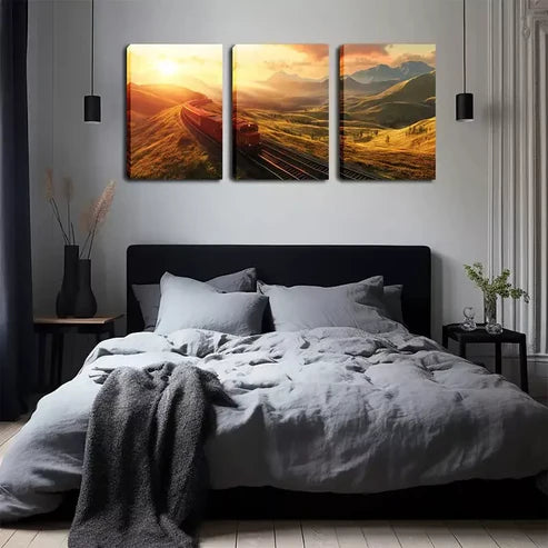 3pcs Scenic Mountain Train Warm Sunset Landscape Wall Art Canvas Unframed - High Quality Print 100% Australian Made Wall Canvas