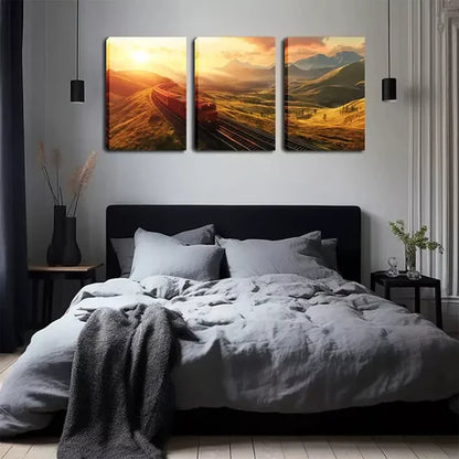 3pcs Scenic Mountain Train Warm Sunset Landscape Wall Art Canvas Unframed - High Quality Print 100% Australian Made Wall Canvas