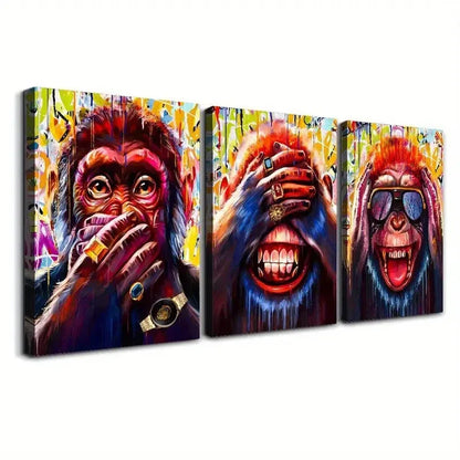 3pcs Gorilla Covers Mouth, Wears Ring Wall Art Canvas Unframed – High Quality Print 100% Australian Made Wall Canvas - Bella Home Decor