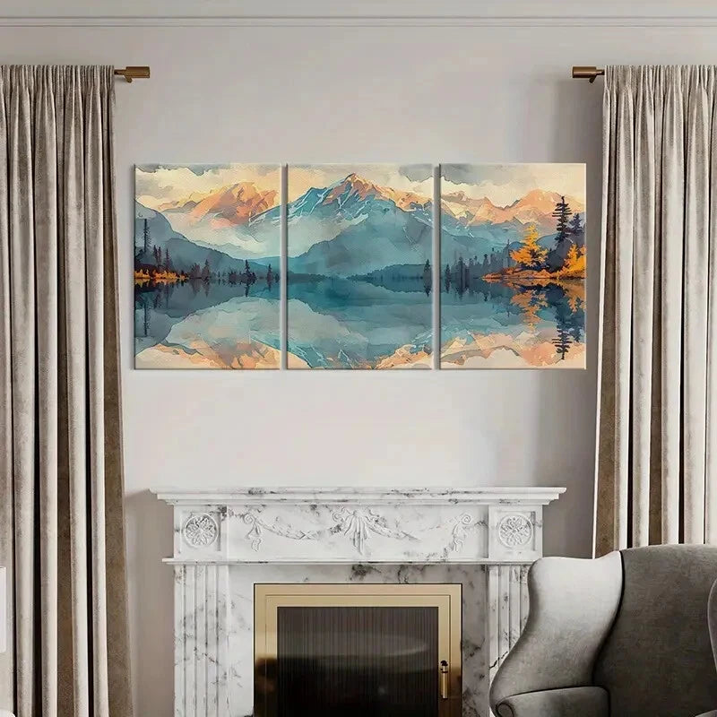 3pcs Watercolor Style Mountains Reflection Lake Metal Print Ready to Hang Art - Bella Home Decor