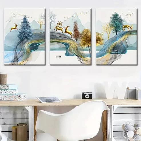 3pcs Modern Geometric Abstract Line Deer Forest Wall Art Set Canvas Unframed - High Quality Print 100% Australian Made Wall Canvas