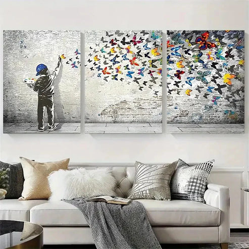 3pcs Child Painting Butterflies Wall Art Canvas Unframed - High Quality Print 100% Australian Made Wall Canvas - Bella Home Decor