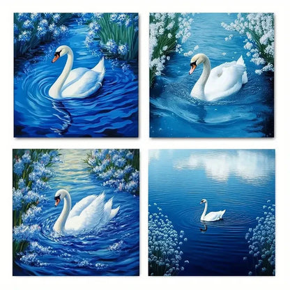 4pcs Blue Flower Stream & Lush Greenery Wall Art Canvas Framed