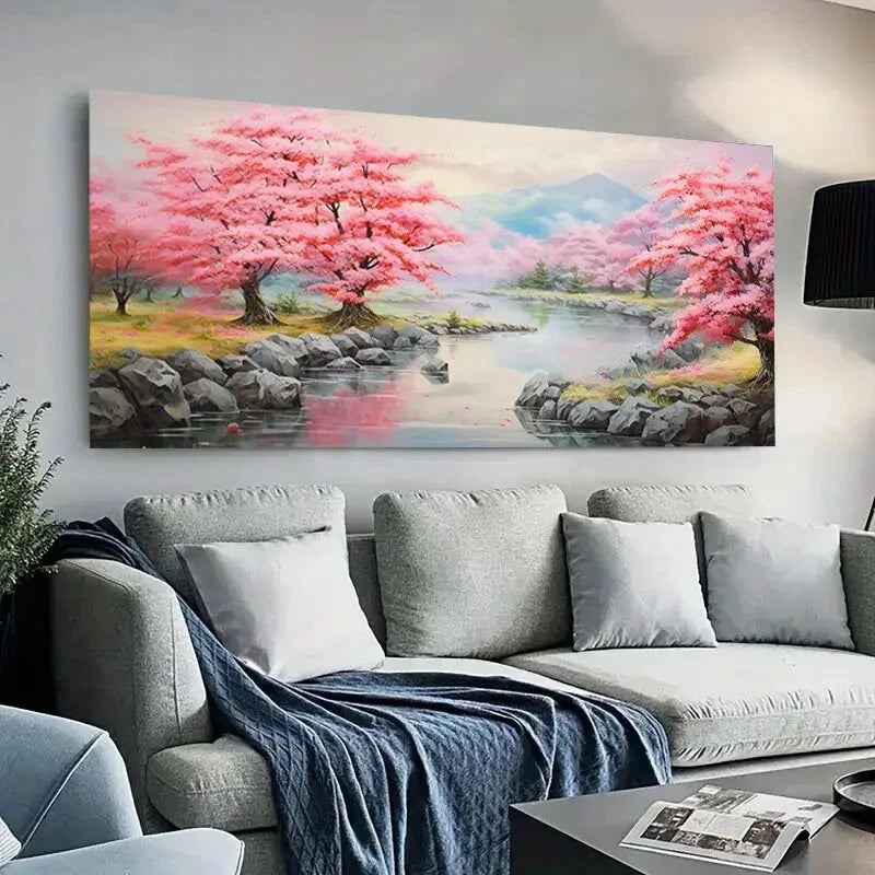 River Elegant  Pink Treeswall canvas office home room framed 120x60cm - Bella Home Decor