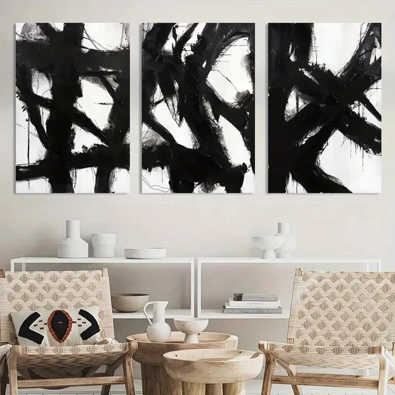 3pcs Painting Black and White Abstract Wall Art Metal Print Ready to Hang Art - Bella Home Decor